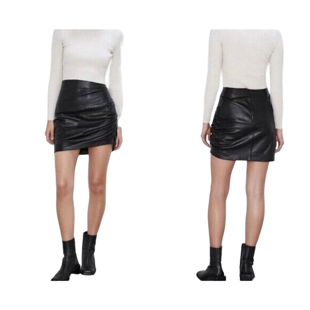 Zara Mini Skirt Women's Sz S Black Buttery Soft 100% Leather Draped Ruched Lined